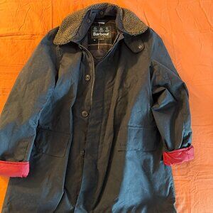 Barbour Men’s Black Waxed Cotton Jacket XL Shearling Collar Classic Tartan Lined